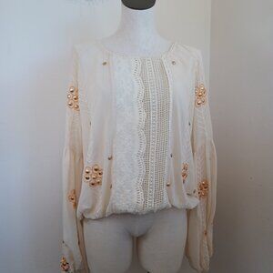 The Wallflower Boho Blouse Embroidered Lace Cream Orange Womens Large